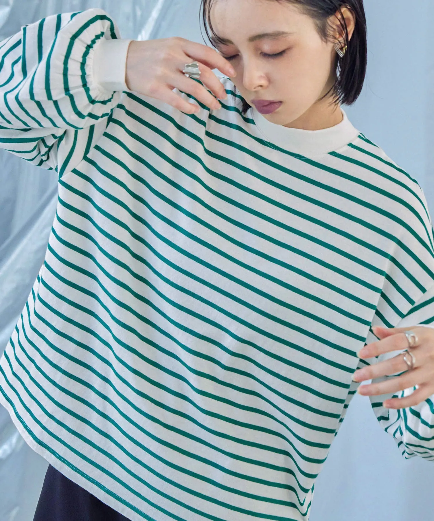 Mock Neck Volume Sleeve Striped Tops