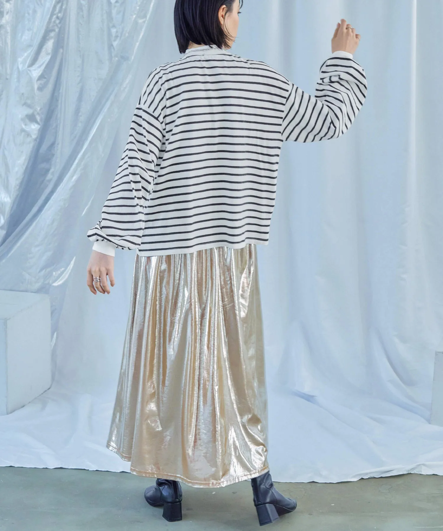 Mock Neck Volume Sleeve Striped Tops
