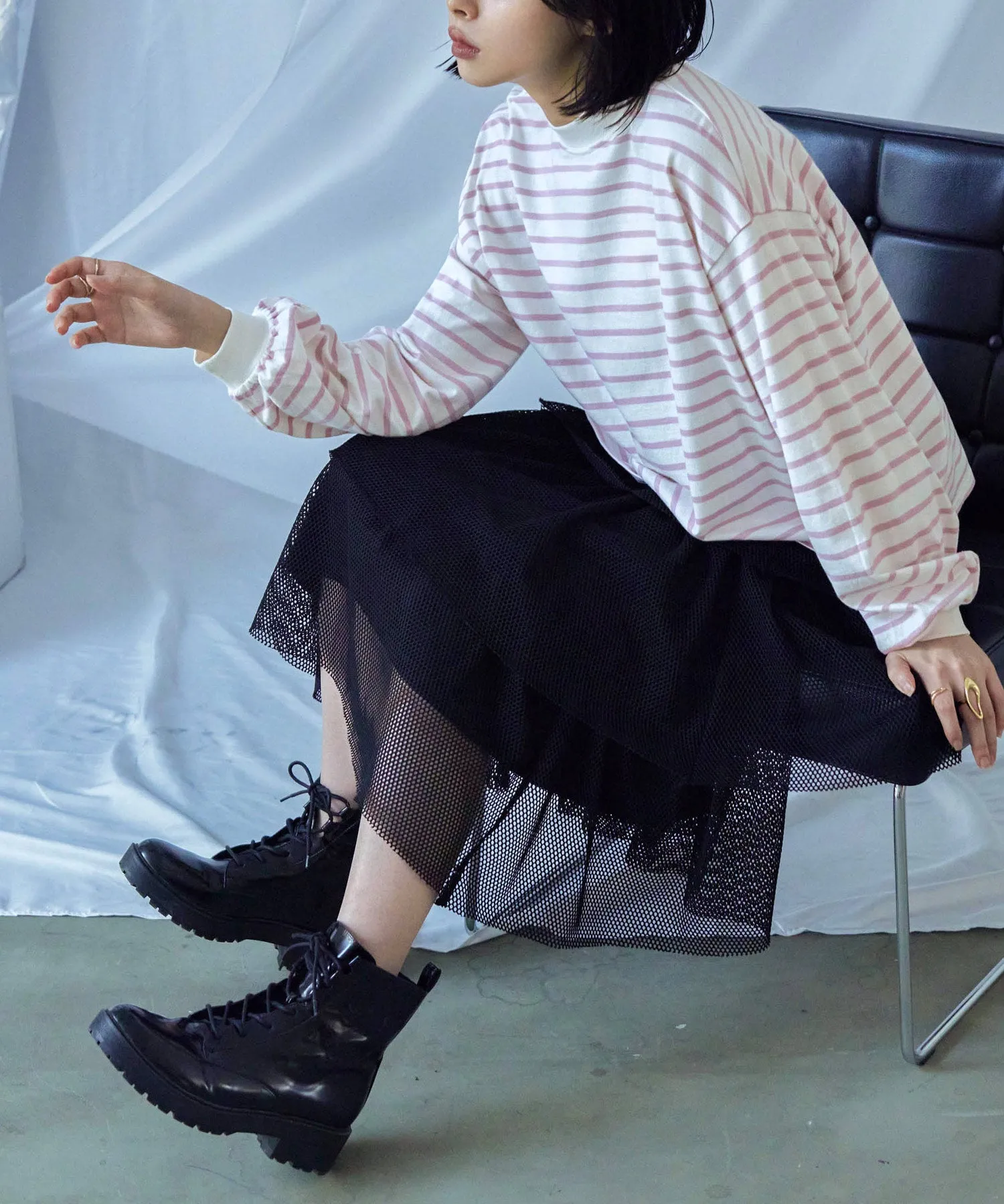 Mock Neck Volume Sleeve Striped Tops
