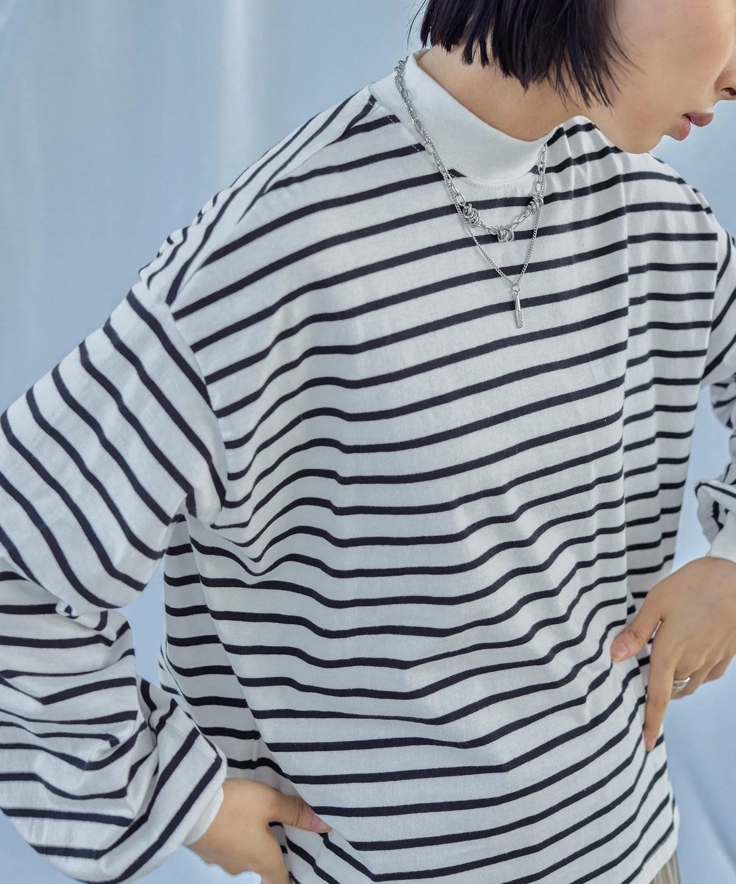Mock Neck Volume Sleeve Striped Tops