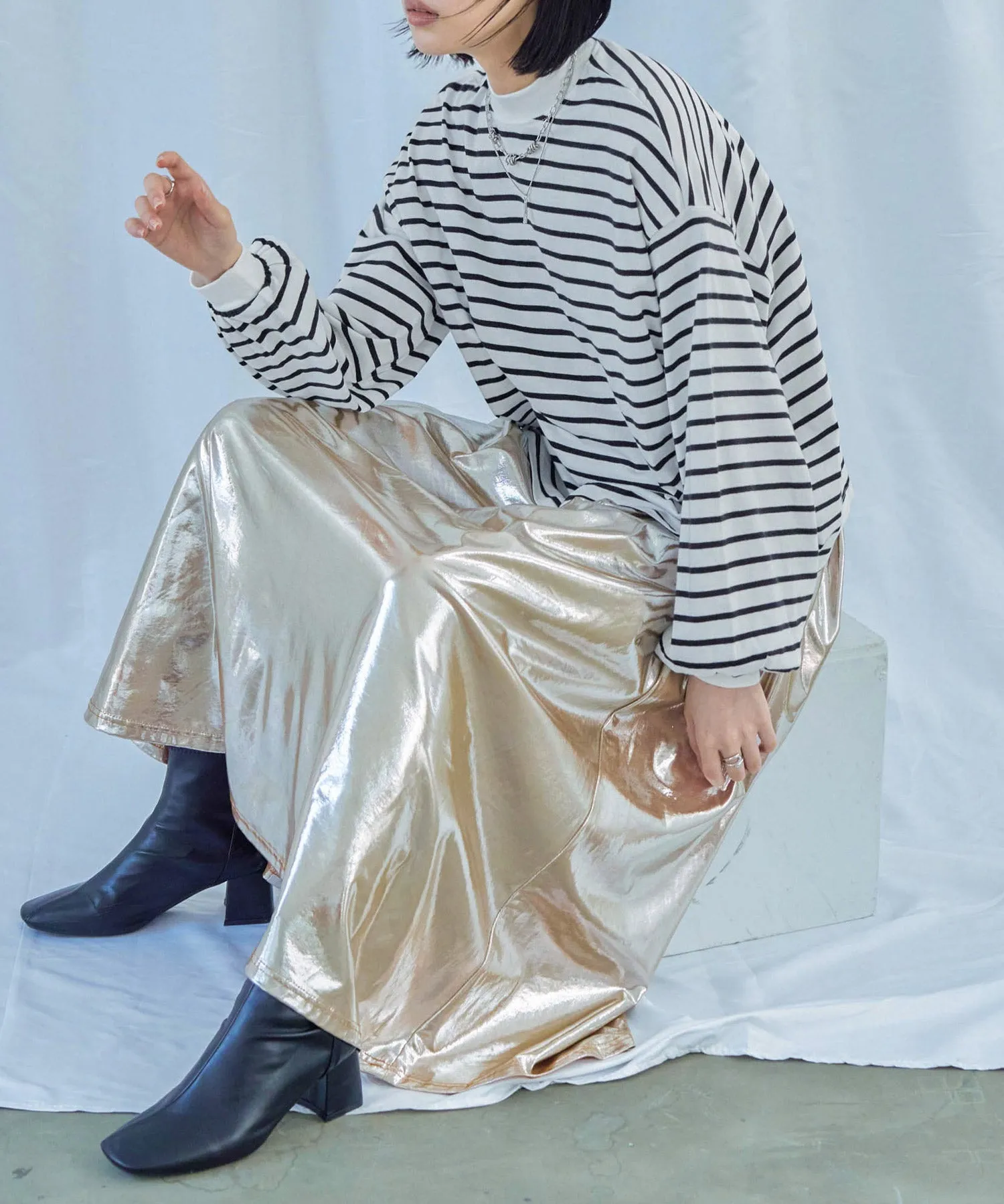 Mock Neck Volume Sleeve Striped Tops