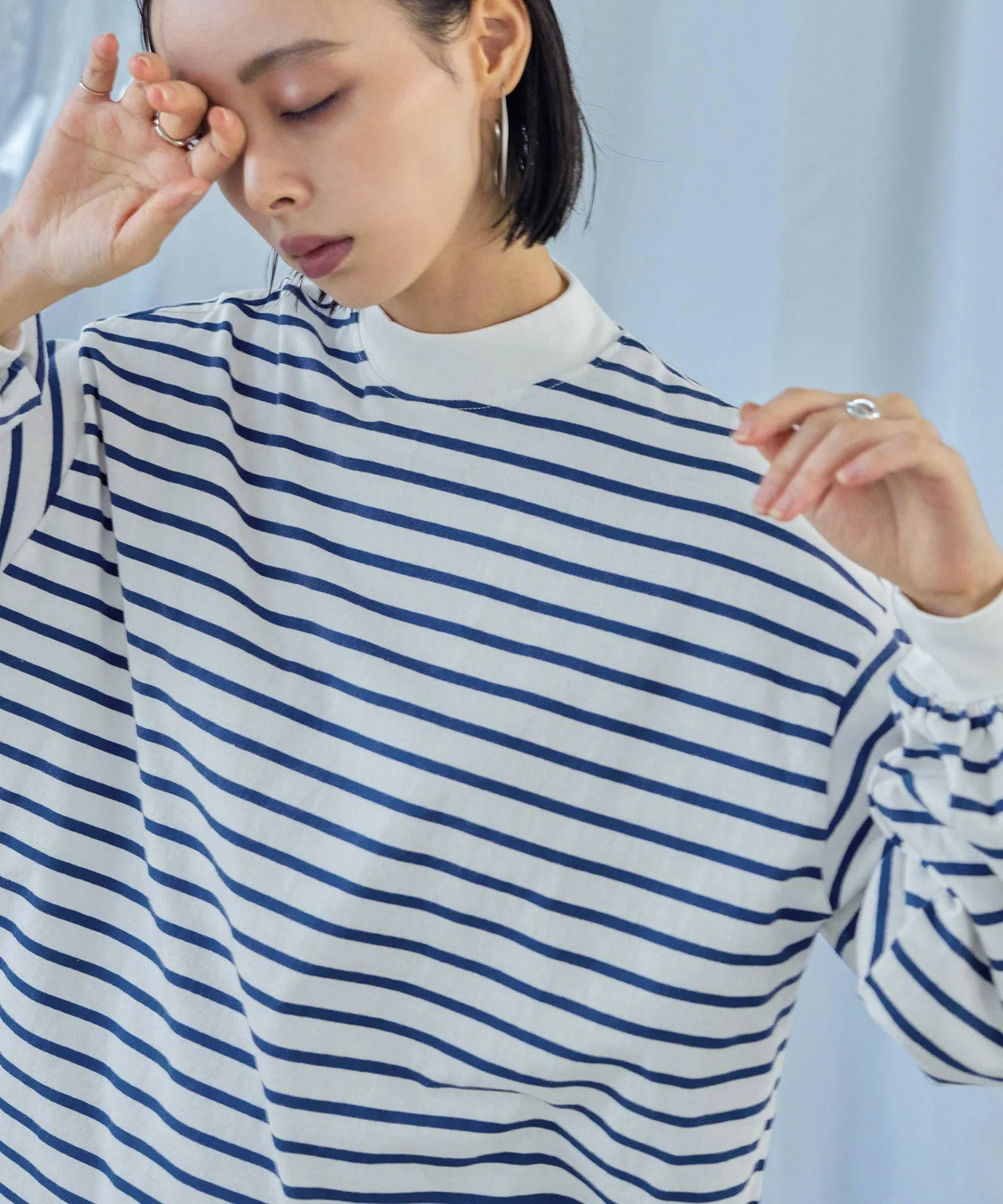 Mock Neck Volume Sleeve Striped Tops
