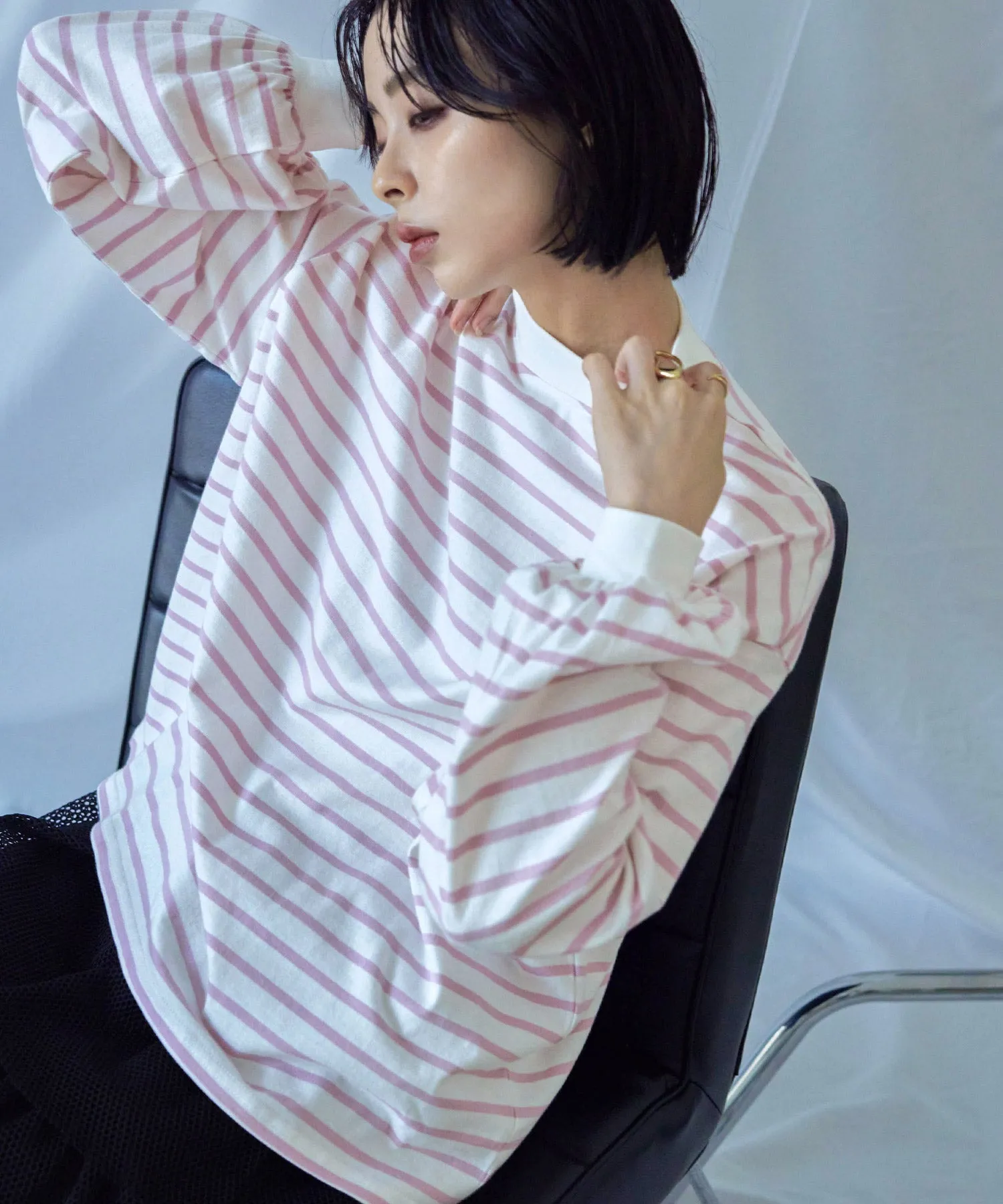 Mock Neck Volume Sleeve Striped Tops