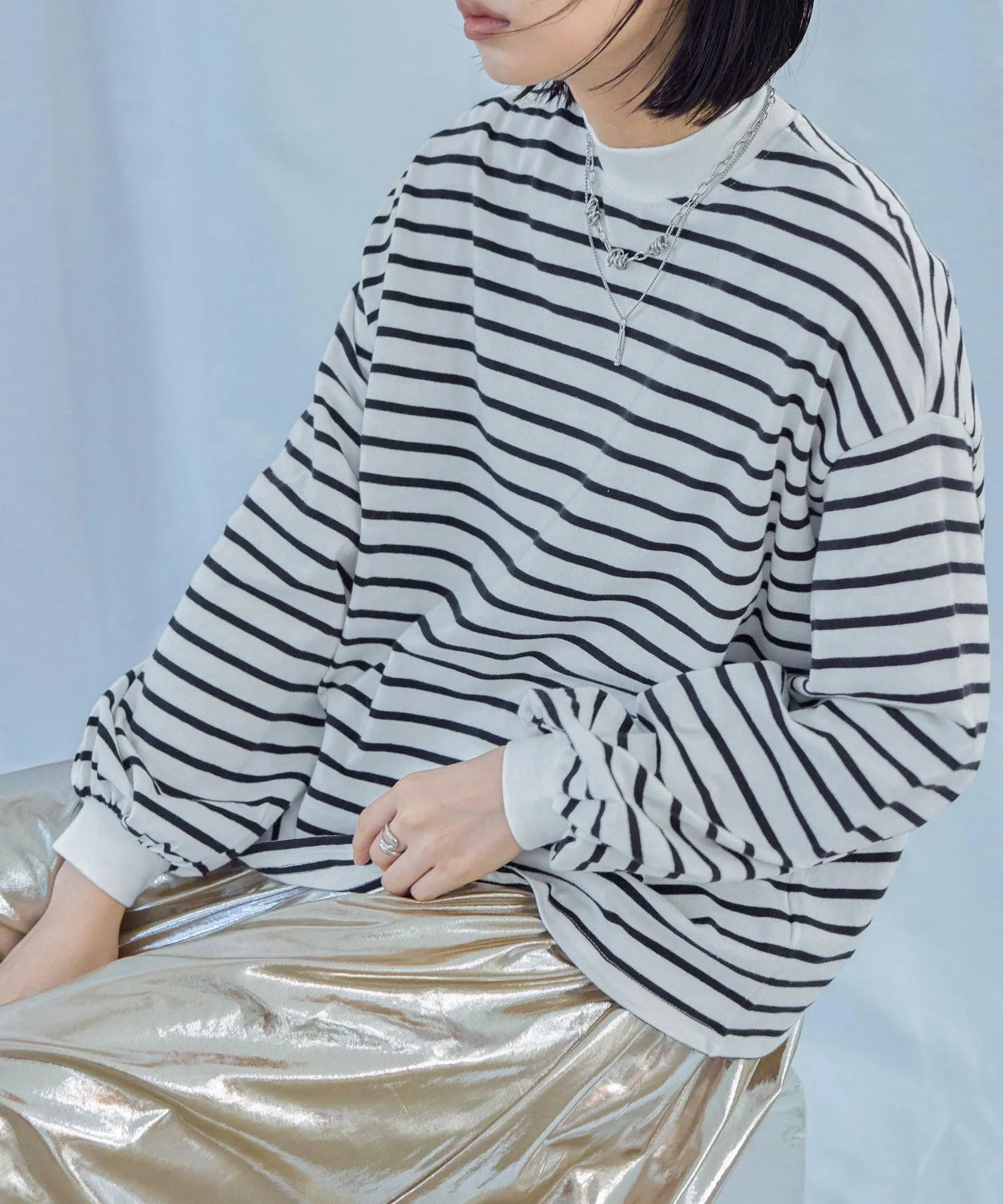 Mock Neck Volume Sleeve Striped Tops