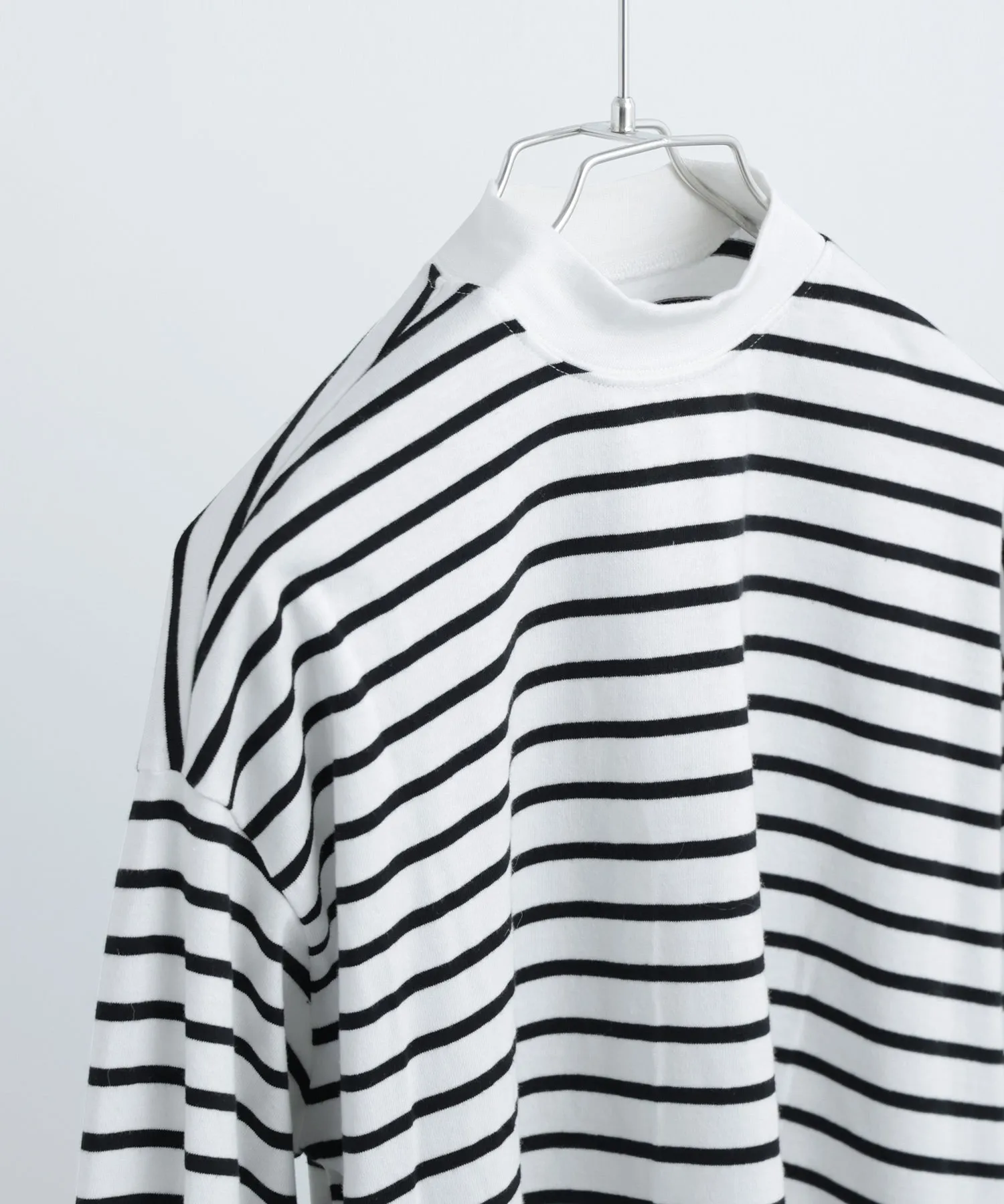 Mock Neck Volume Sleeve Striped Tops