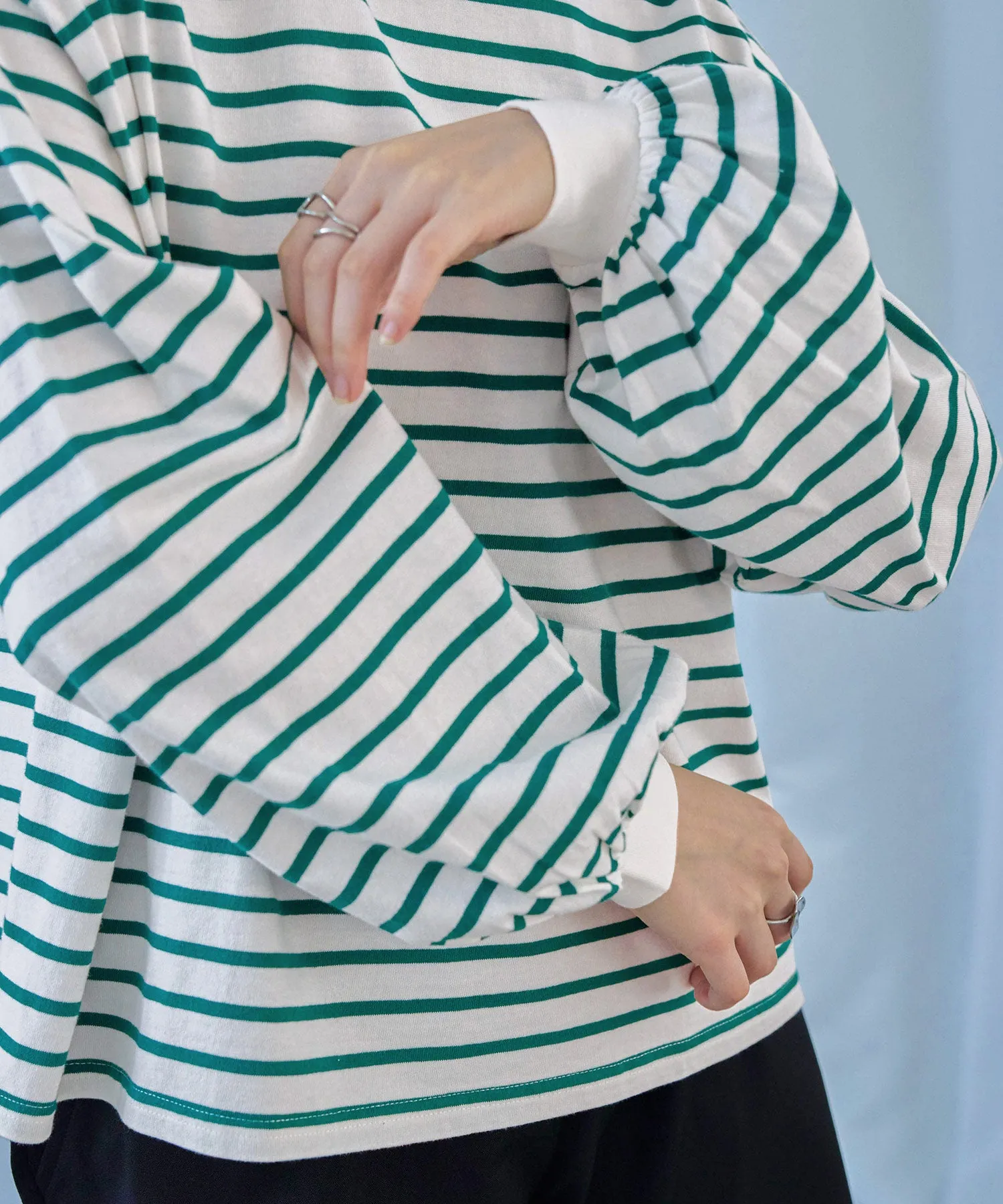 Mock Neck Volume Sleeve Striped Tops