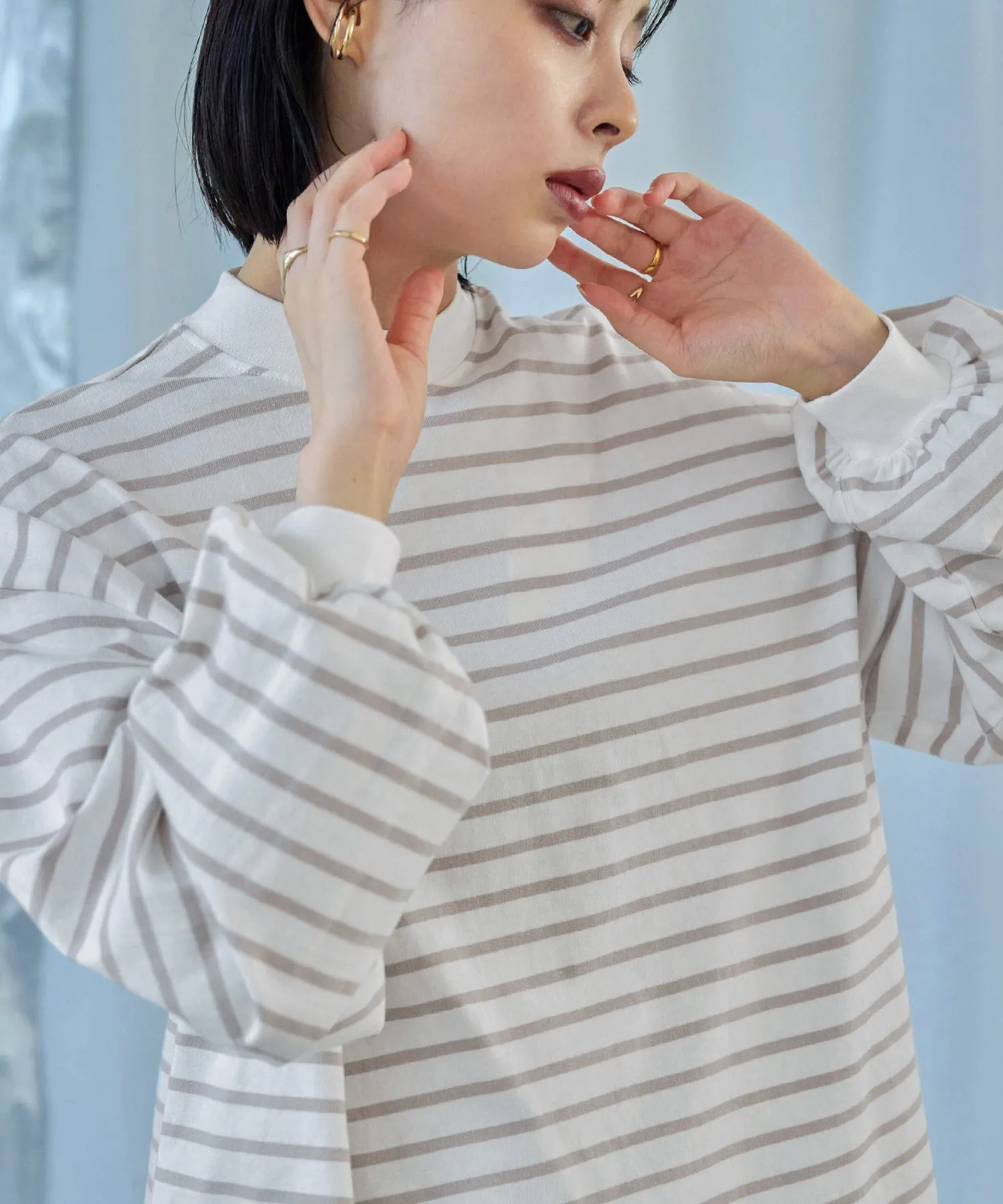 Mock Neck Volume Sleeve Striped Tops