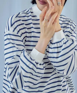 Mock Neck Volume Sleeve Striped Tops