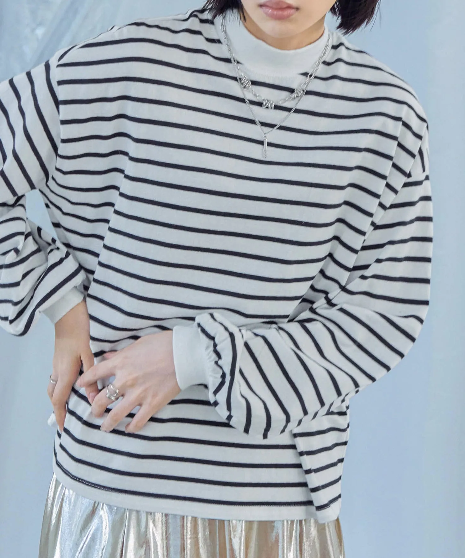 Mock Neck Volume Sleeve Striped Tops