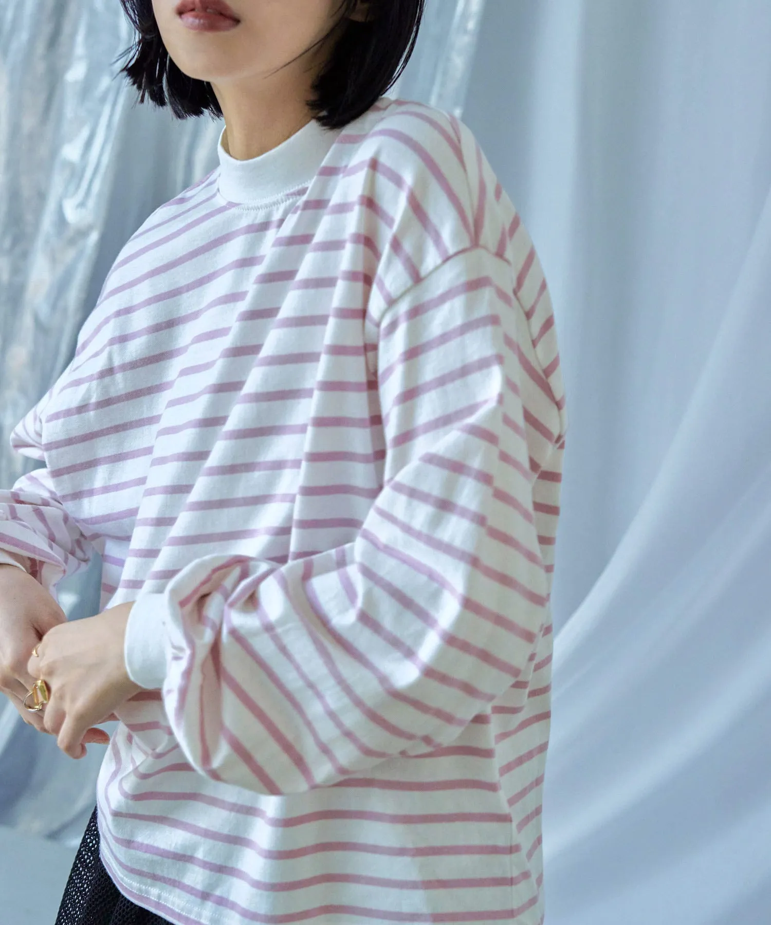 Mock Neck Volume Sleeve Striped Tops