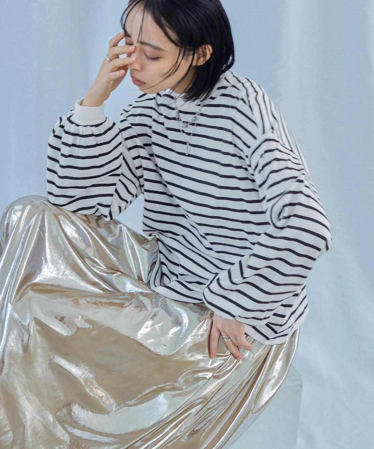 Mock Neck Volume Sleeve Striped Tops