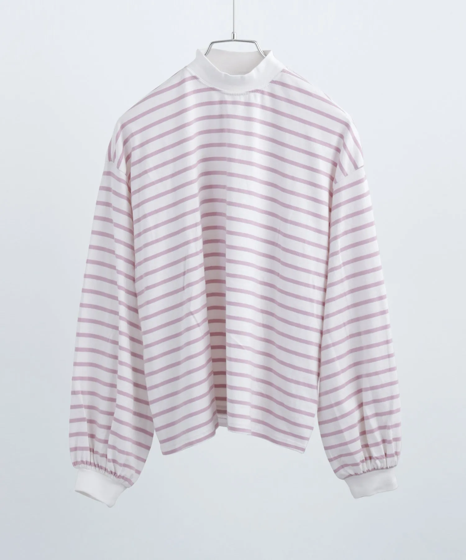 Mock Neck Volume Sleeve Striped Tops