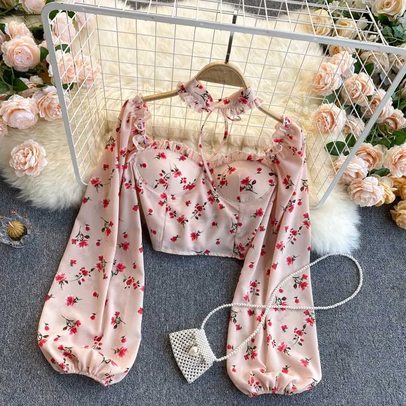 Mori Sweet Floral Puff Sleeve Halter Chiffon Women's Top