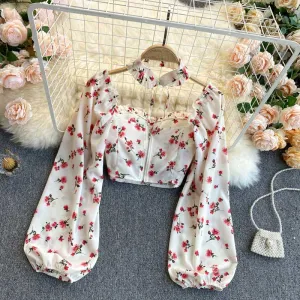 Mori Sweet Floral Puff Sleeve Halter Chiffon Women's Top