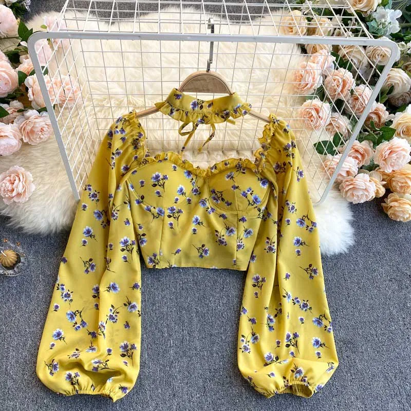 Mori Sweet Floral Puff Sleeve Halter Chiffon Women's Top