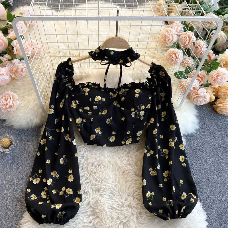 Mori Sweet Floral Puff Sleeve Halter Chiffon Women's Top