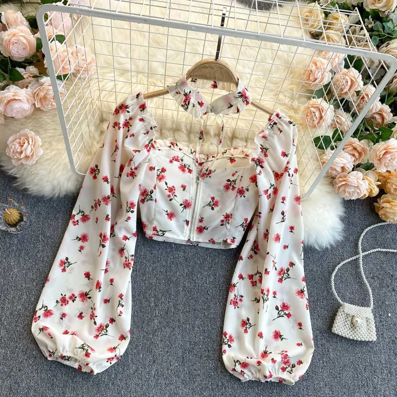 Mori Sweet Floral Puff Sleeve Halter Chiffon Women's Top