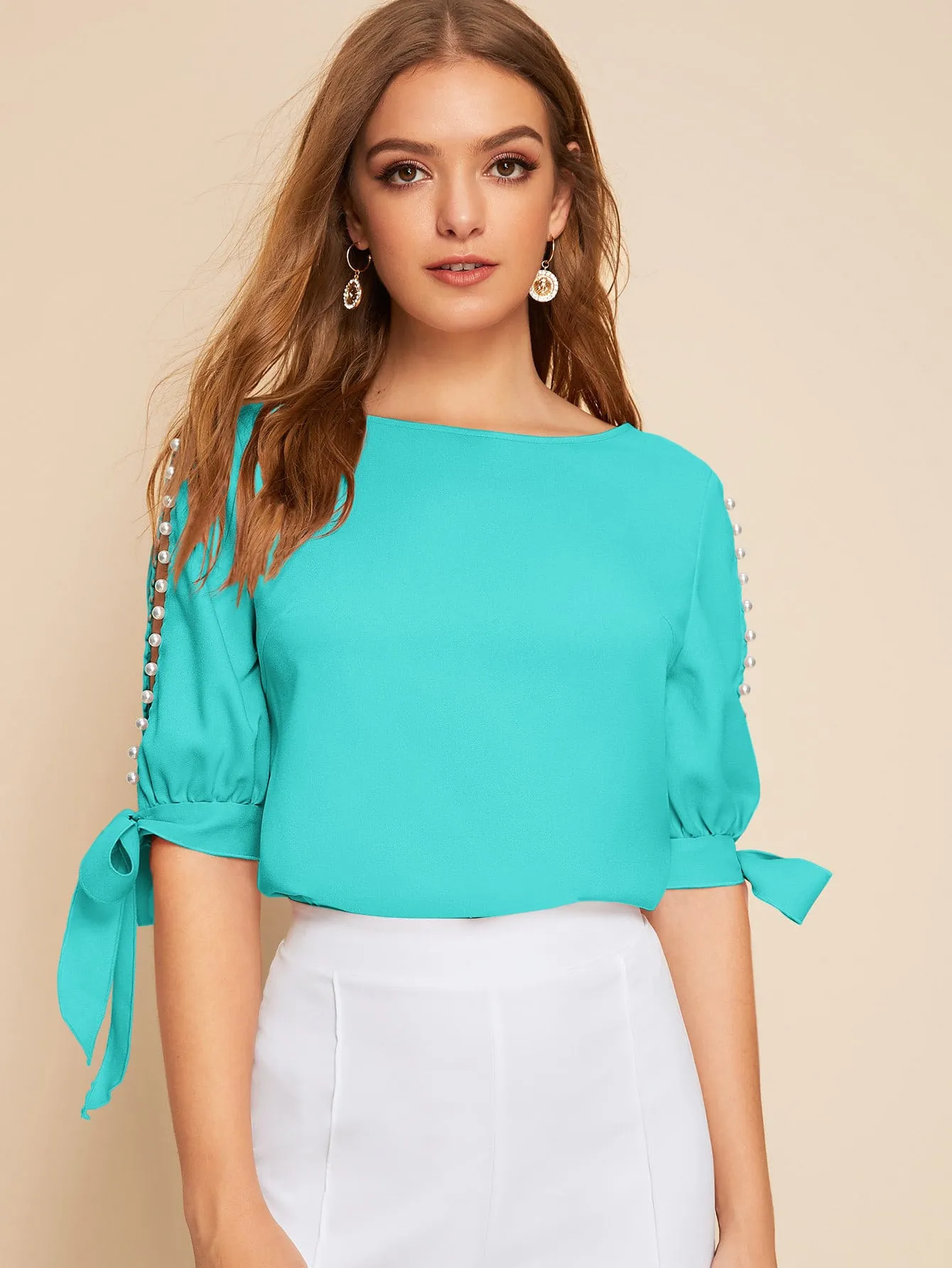 Neon Lime Pearl Beaded Split Sleeve Knot Cuff Top