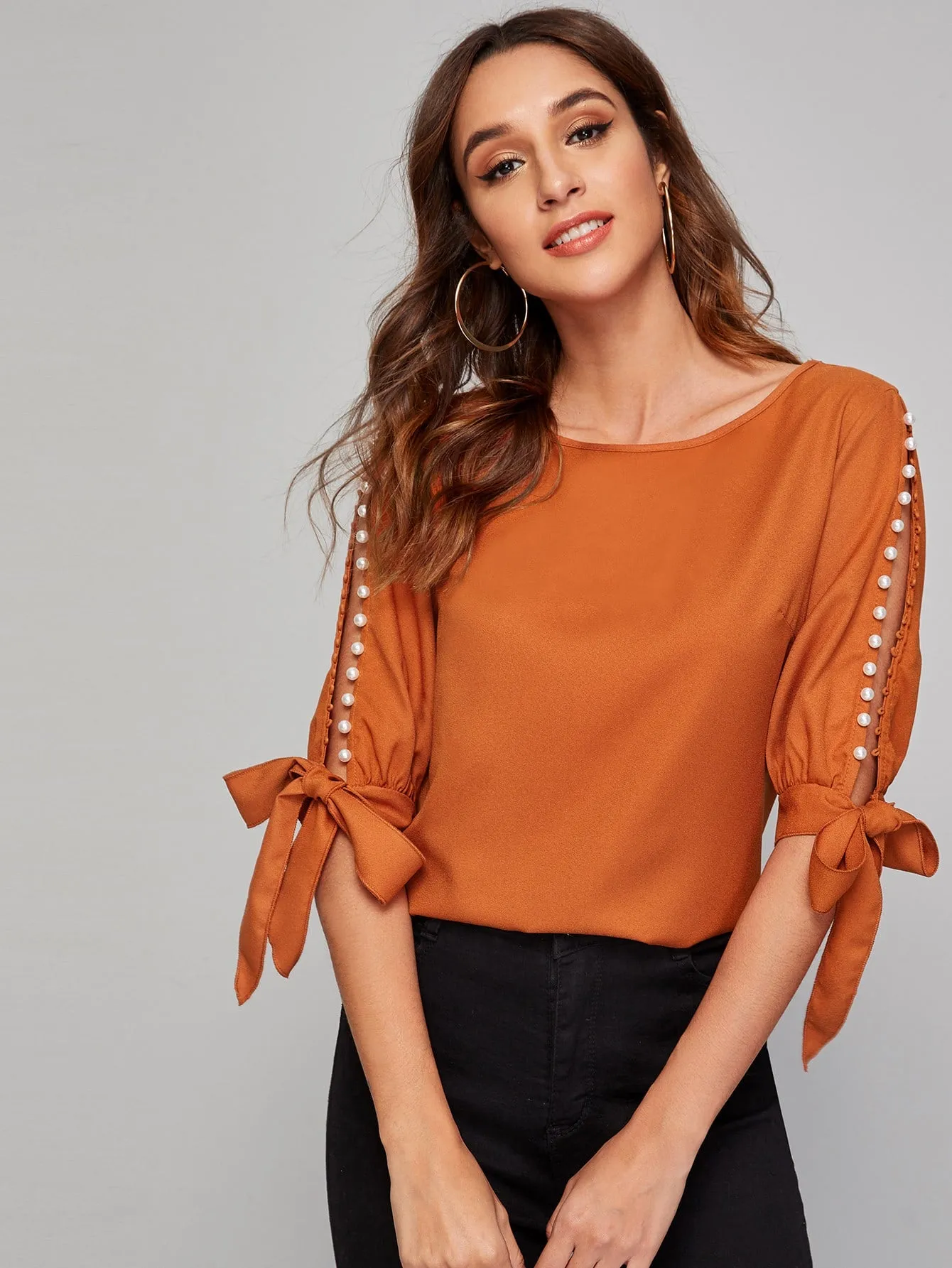 Neon Lime Pearl Beaded Split Sleeve Knot Cuff Top