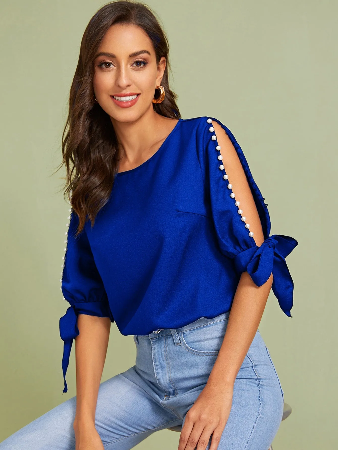 Neon Lime Pearl Beaded Split Sleeve Knot Cuff Top
