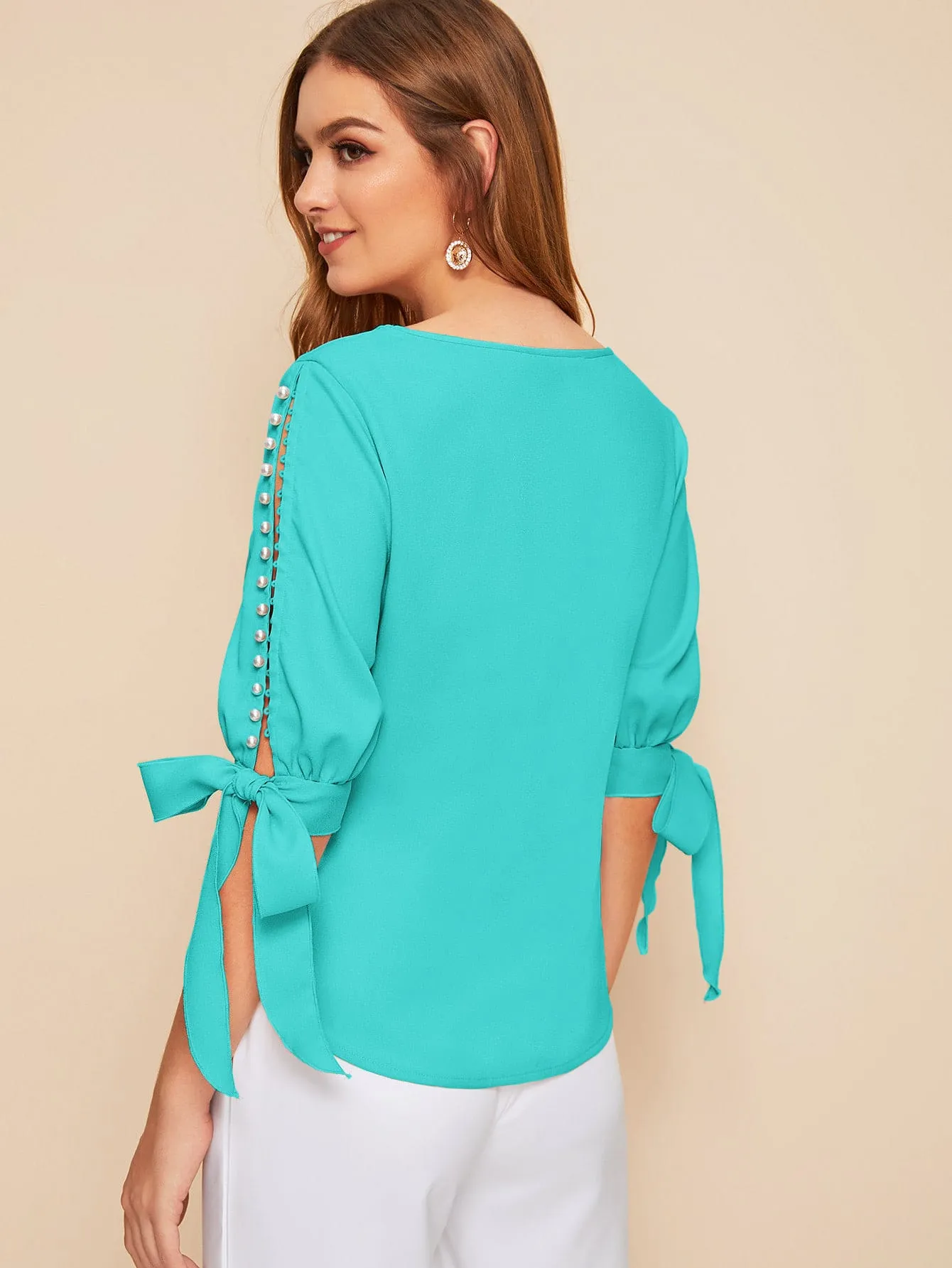 Neon Lime Pearl Beaded Split Sleeve Knot Cuff Top