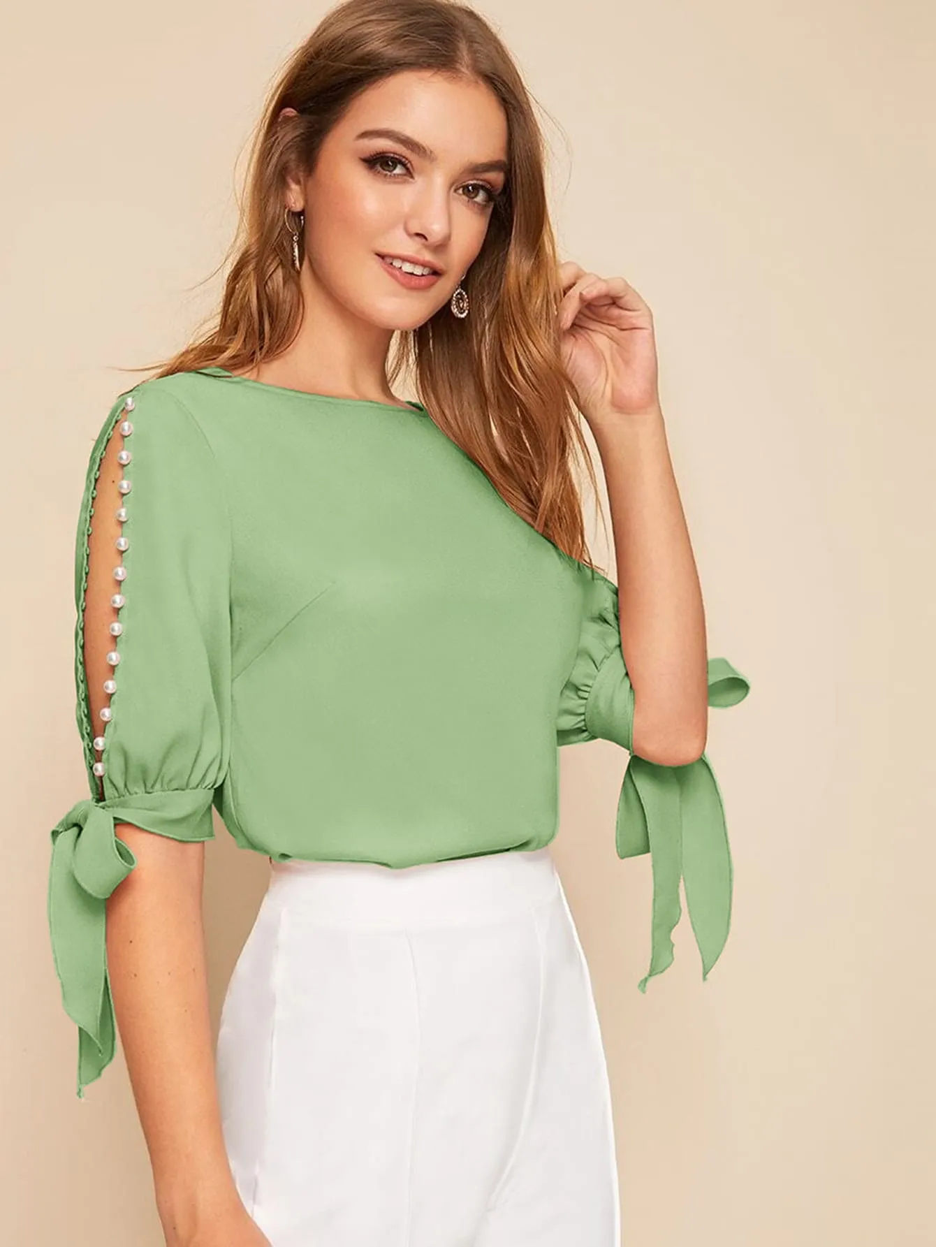 Neon Lime Pearl Beaded Split Sleeve Knot Cuff Top