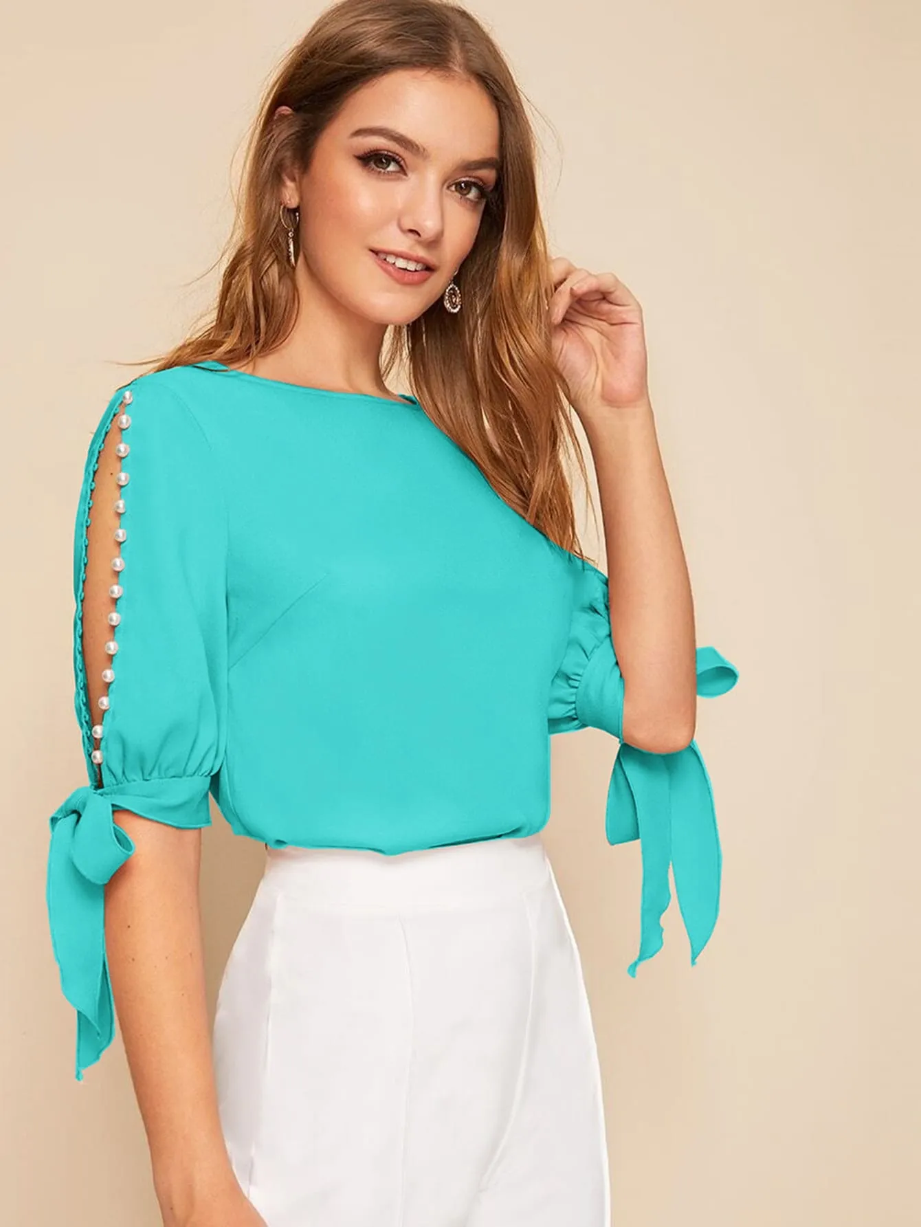 Neon Lime Pearl Beaded Split Sleeve Knot Cuff Top