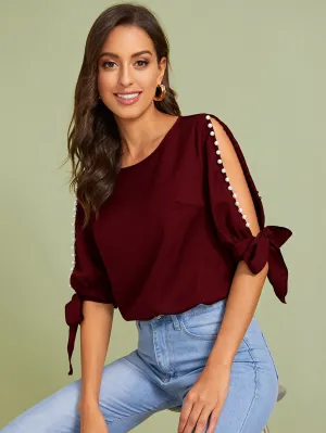 Neon Lime Pearl Beaded Split Sleeve Knot Cuff Top