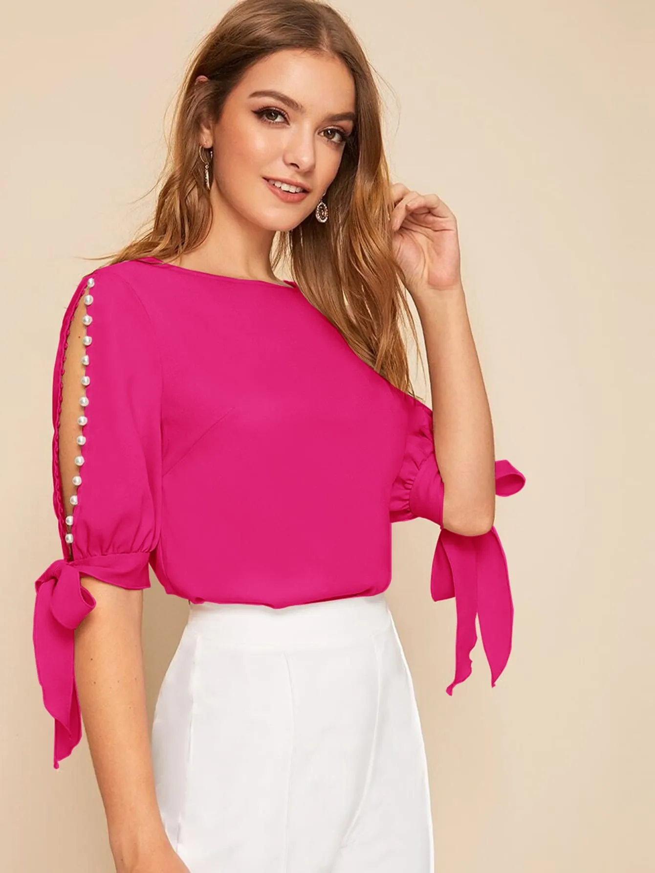 Neon Lime Pearl Beaded Split Sleeve Knot Cuff Top