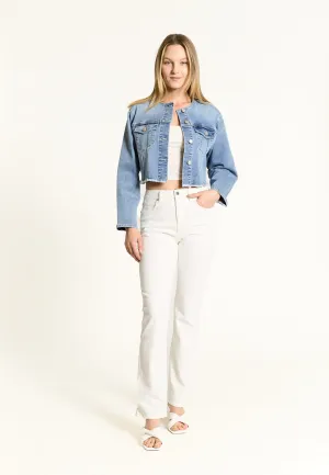 Oat NYC Cropped Boat Neck Denim Jacket in Yolee Light