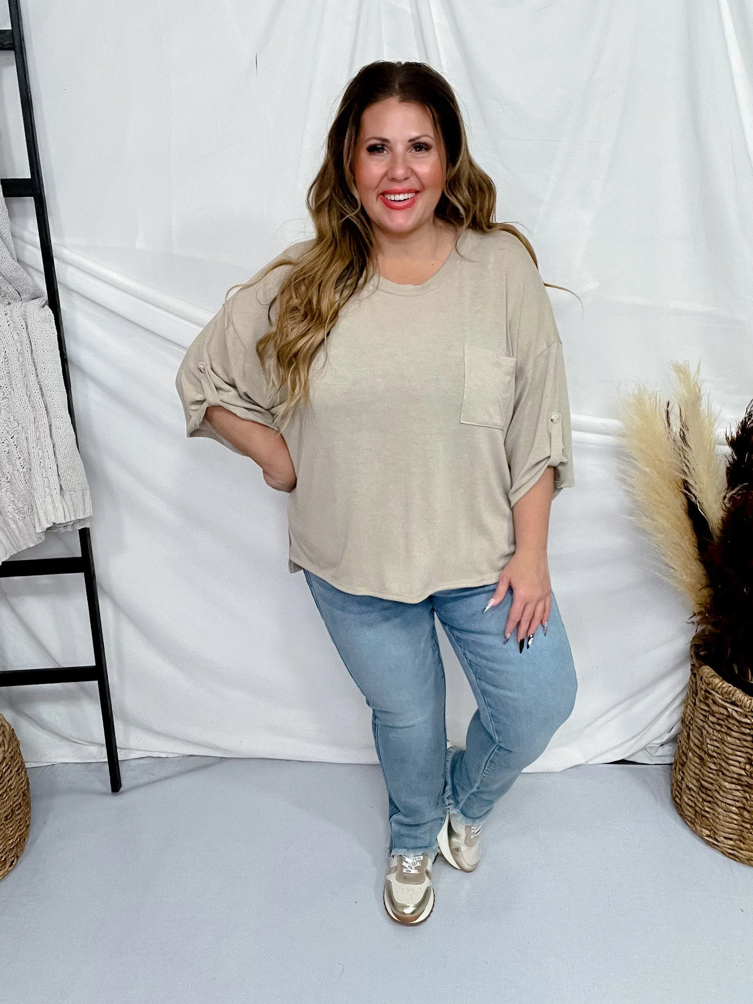 Oatmeal 3/4 Sleeve Boxy Top