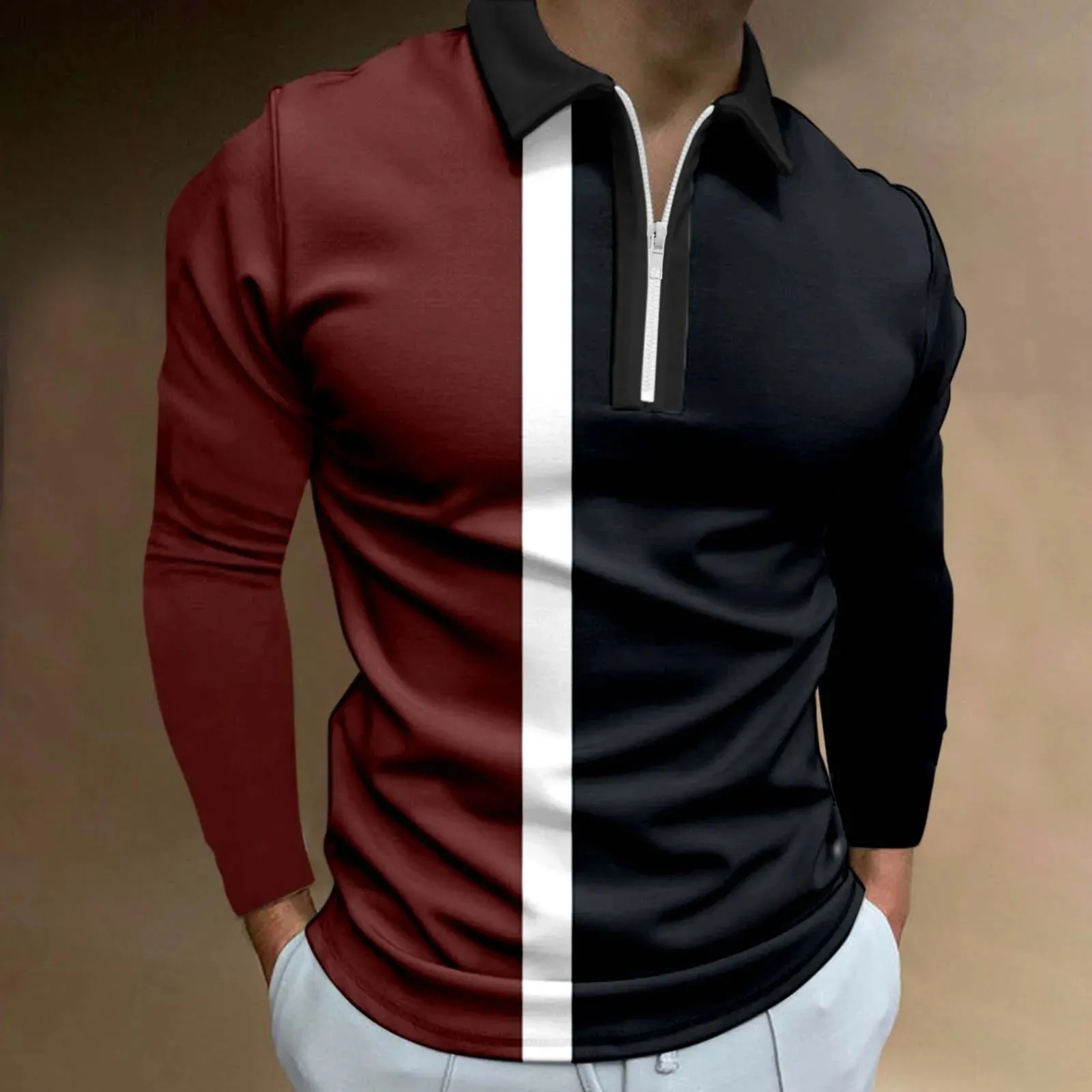 Personality Male Polo Shirt Casual Autumn Spring Striped Print T Shirt Lapel Contrast Color Long Sleeve Mens Polo Shirts Tops