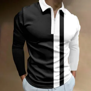 Personality Male Polo Shirt Casual Autumn Spring Striped Print T Shirt Lapel Contrast Color Long Sleeve Mens Polo Shirts Tops