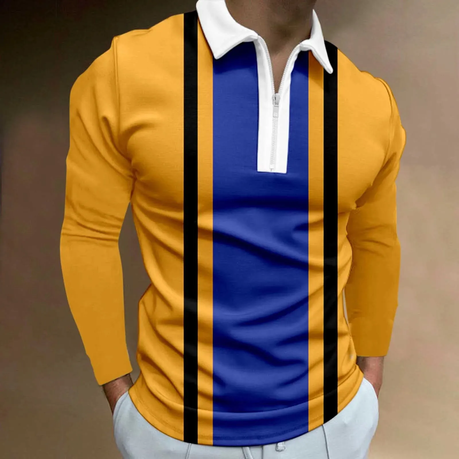 Personality Male Polo Shirt Casual Autumn Spring Striped Print T Shirt Lapel Contrast Color Long Sleeve Mens Polo Shirts Tops