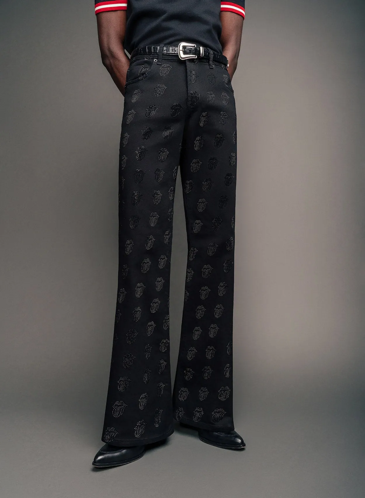 Phix X Rolling Stones Denim Rhinestone Tongue Denim Flares