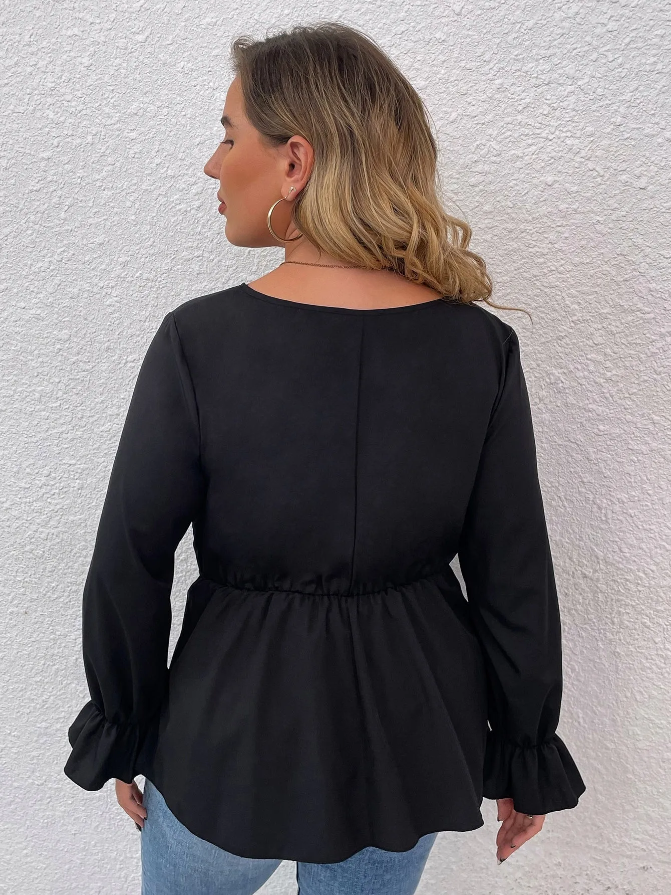 Plain Ruffle Hem Long Sleeve V Neck Regular Plus Size Blouse