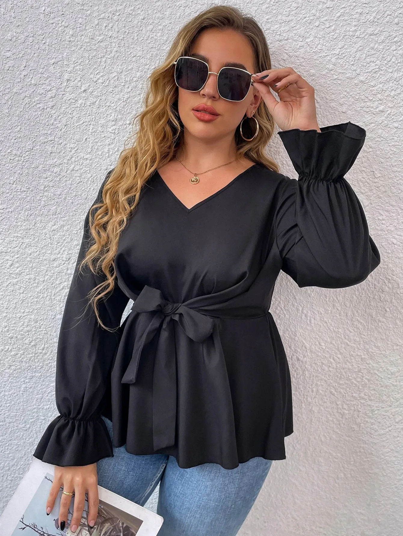 Plain Ruffle Hem Long Sleeve V Neck Regular Plus Size Blouse