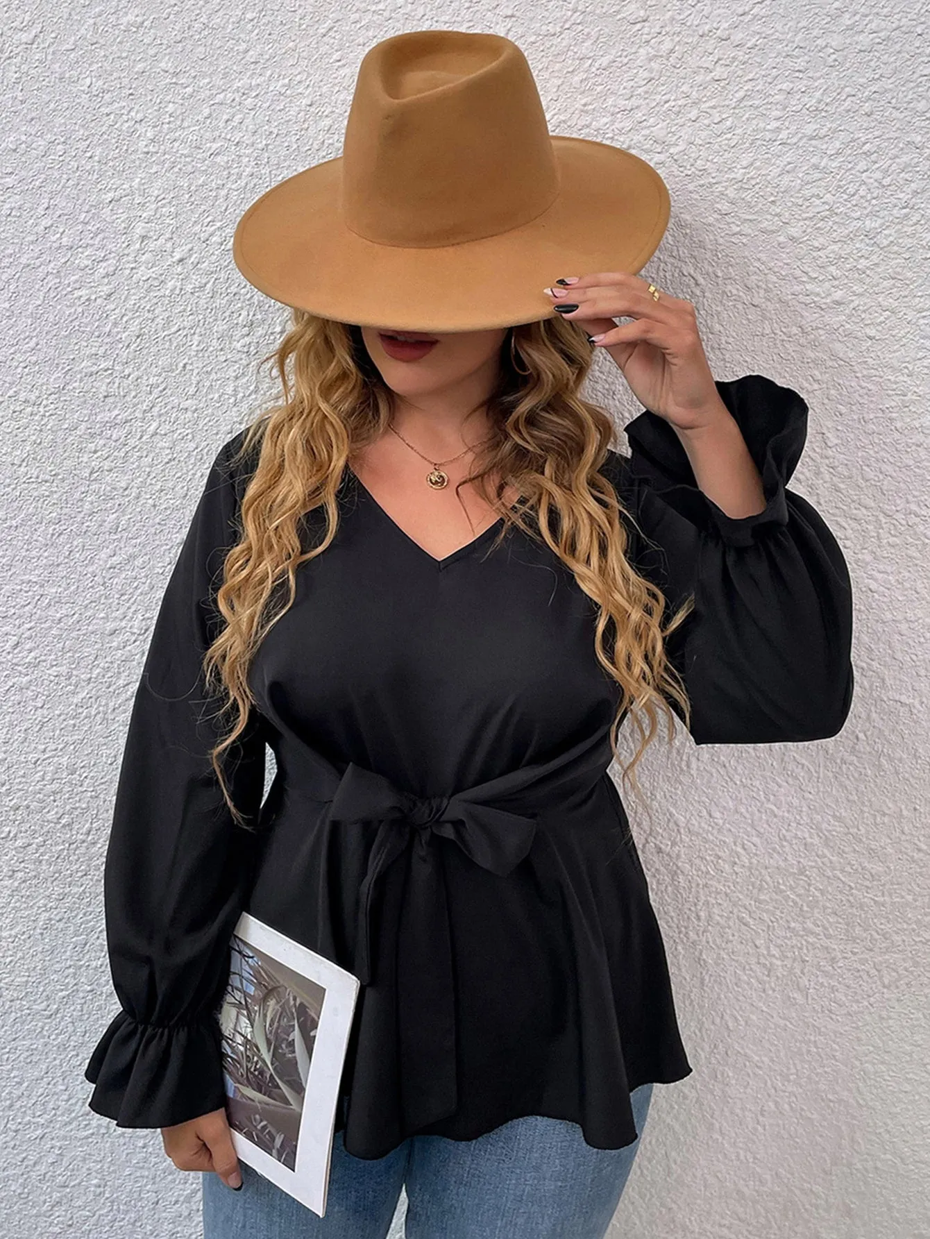 Plain Ruffle Hem Long Sleeve V Neck Regular Plus Size Blouse