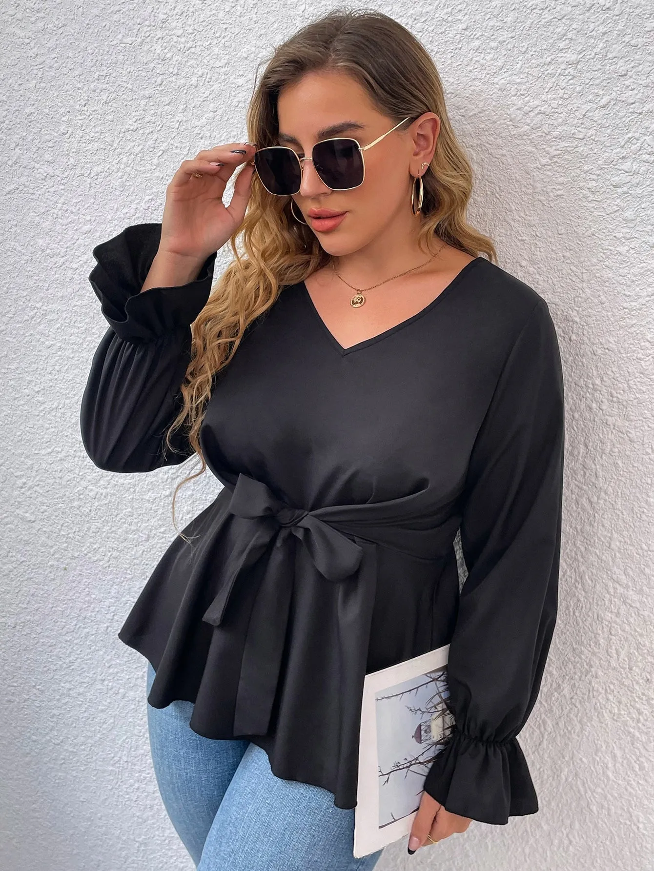 Plain Ruffle Hem Long Sleeve V Neck Regular Plus Size Blouse