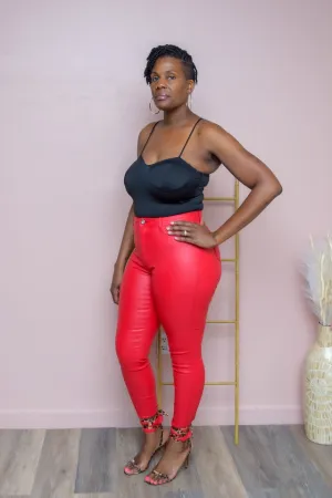 Red High Rise Faux Leather Pants