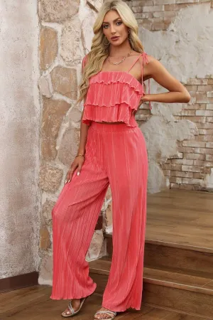Sandy Layered Tie Shoulder Top and Wide Leg Pants Set