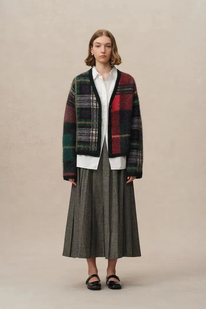 Scottic Plaid Jacquard Cardigan in Baby Alpaca-Merino Blend