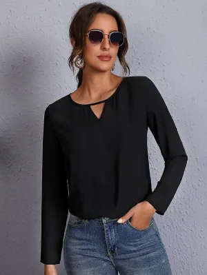 Solid Keyhole Neck Blouse