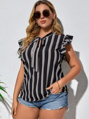 Striped Tie Front Cap Sleeve Tie Neck Regular Plus Size Blouse