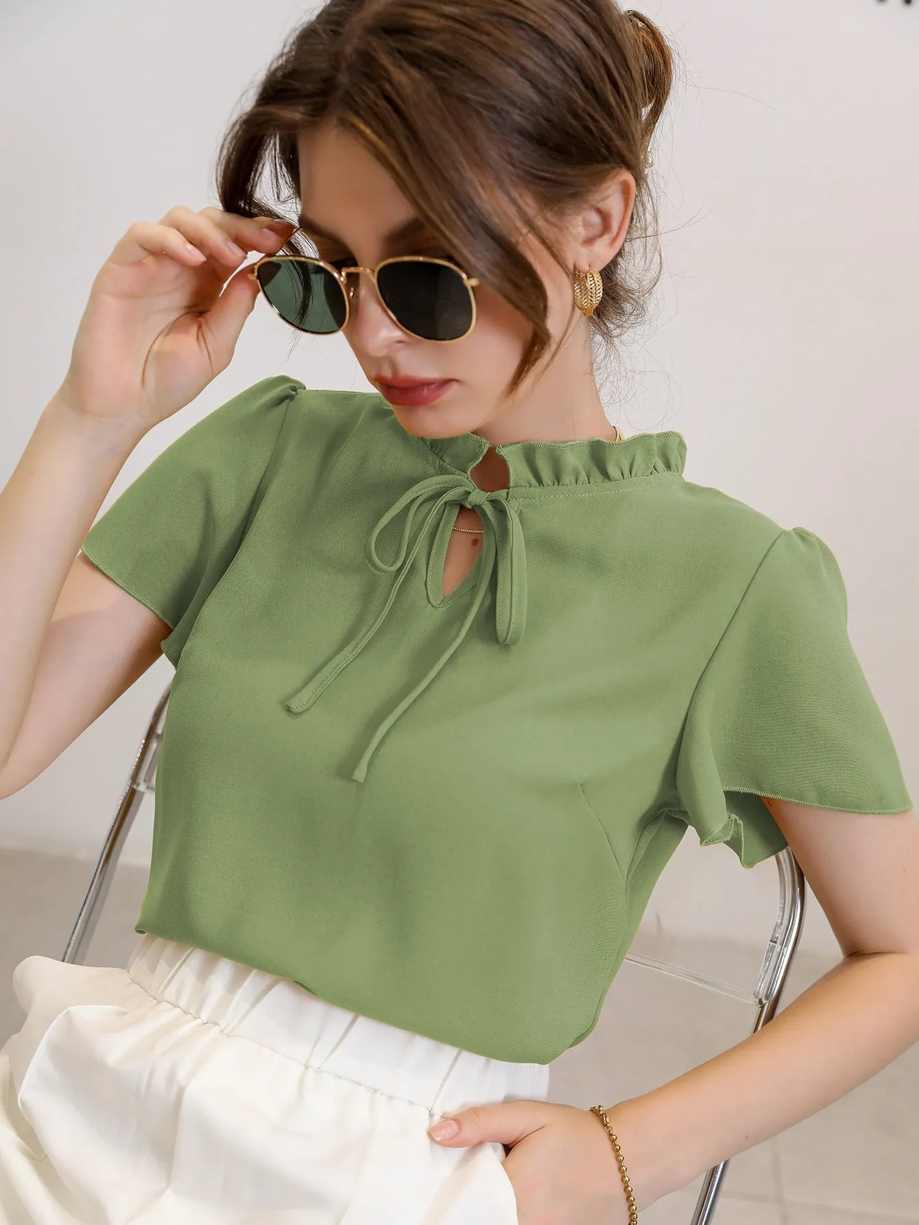 Tie Neck Puff Sleeve Blouse