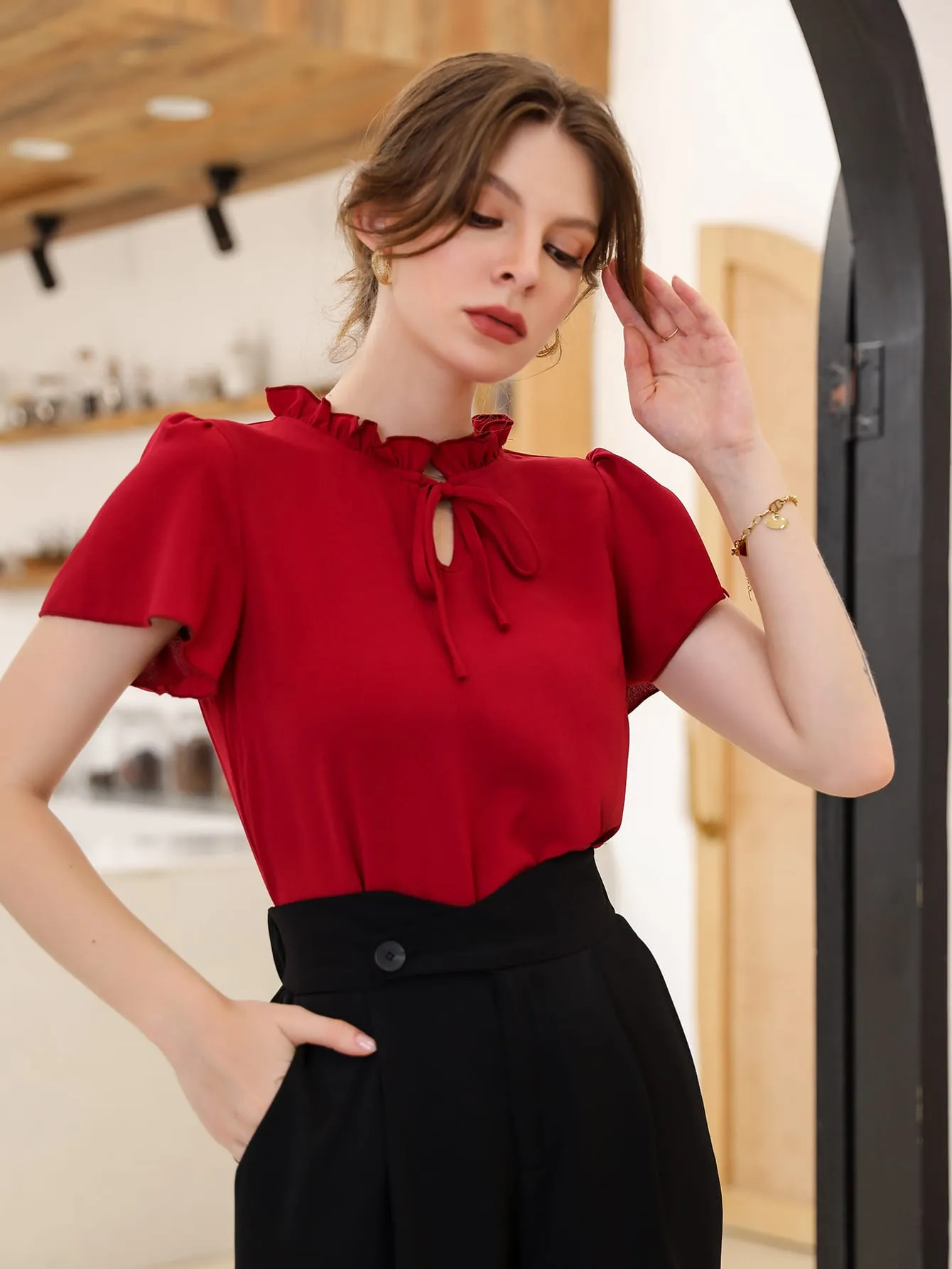 Tie Neck Puff Sleeve Blouse