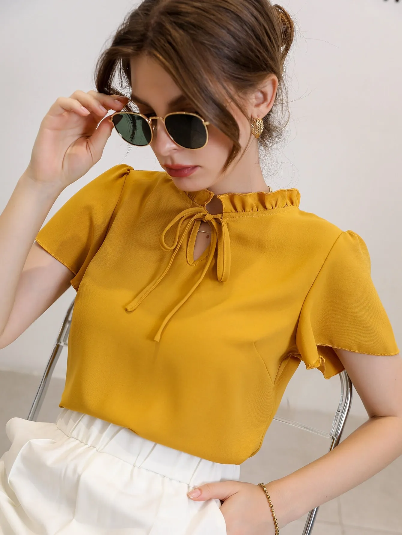 Tie Neck Puff Sleeve Blouse