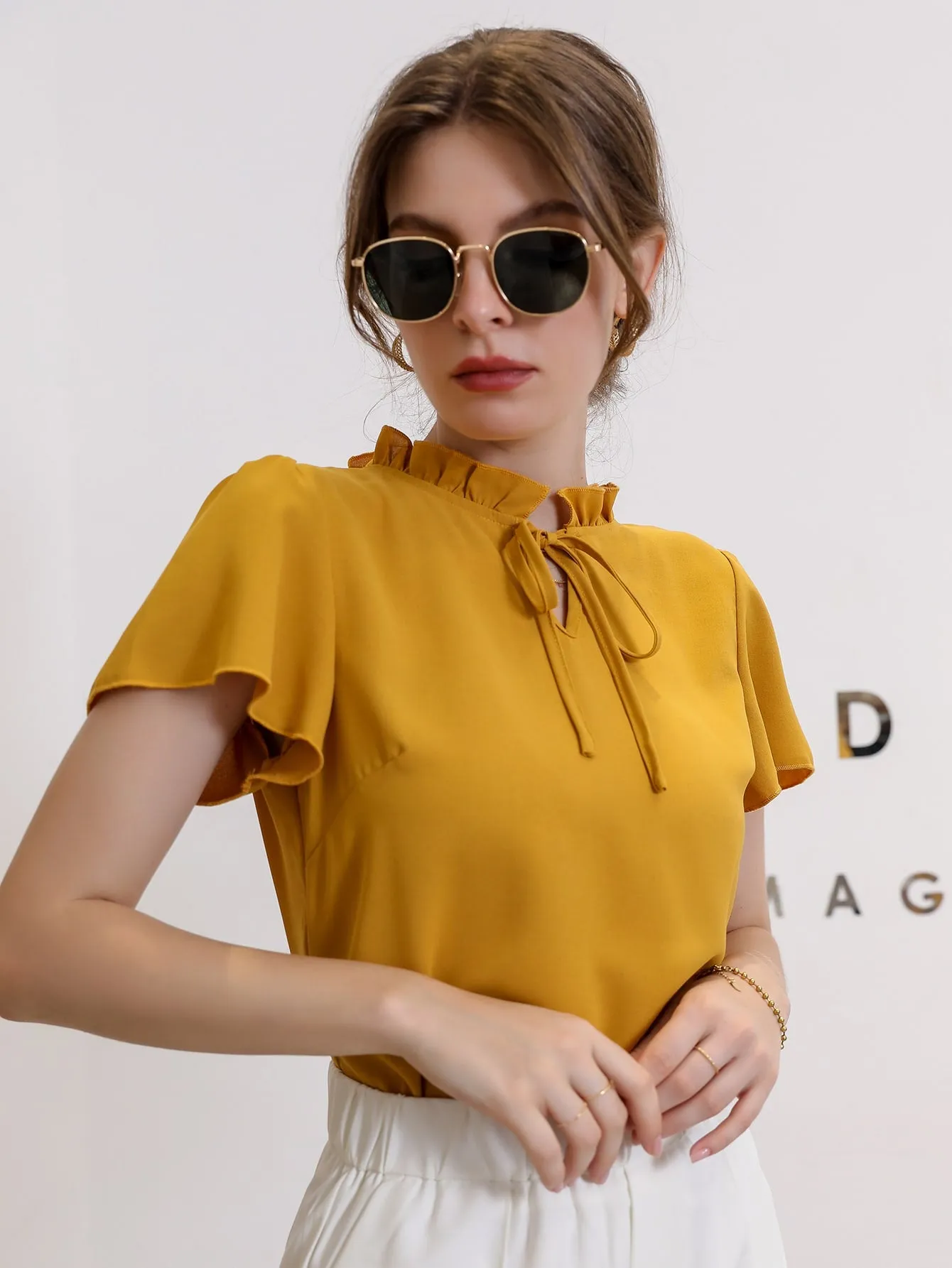 Tie Neck Puff Sleeve Blouse