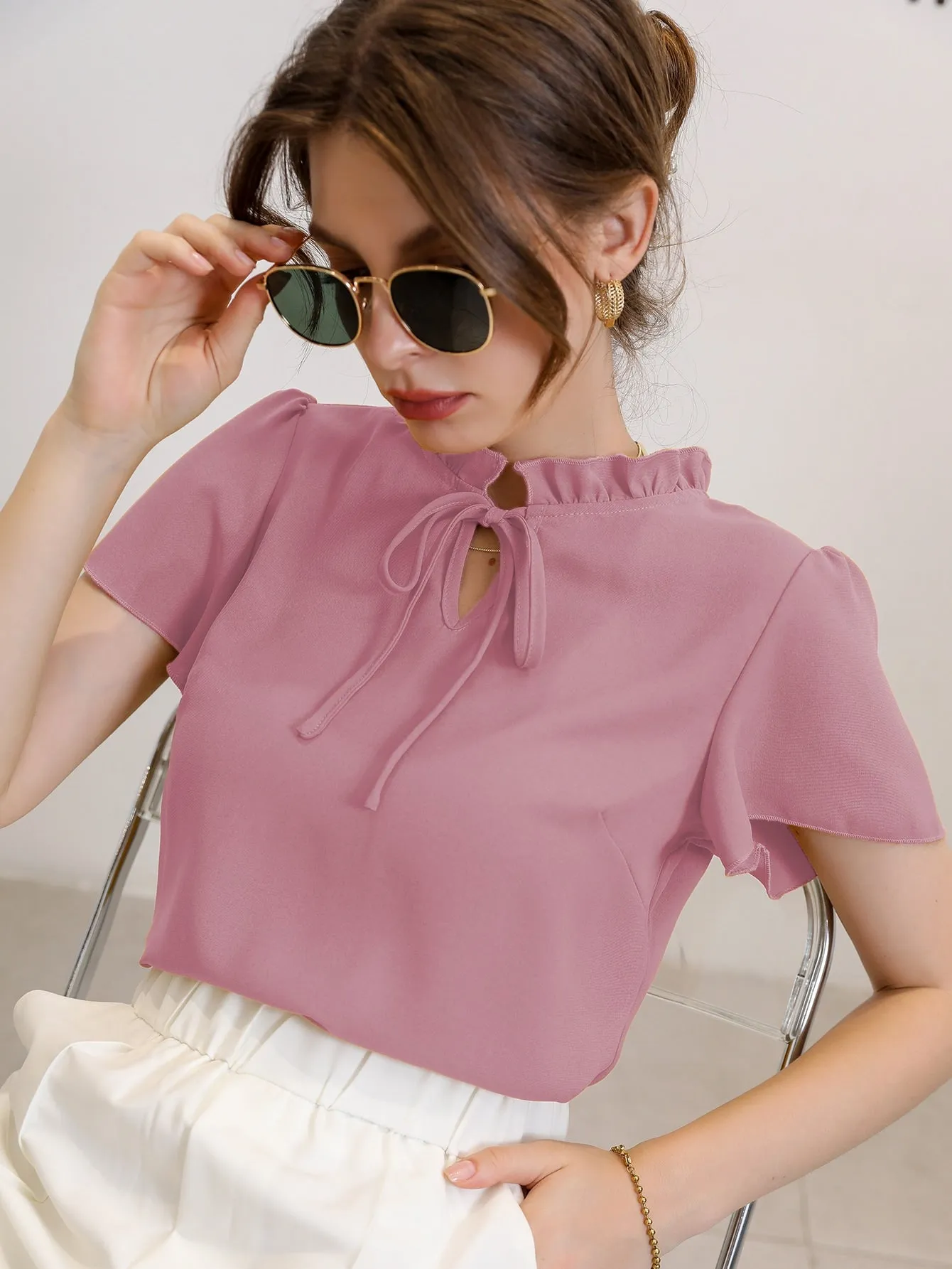 Tie Neck Puff Sleeve Blouse