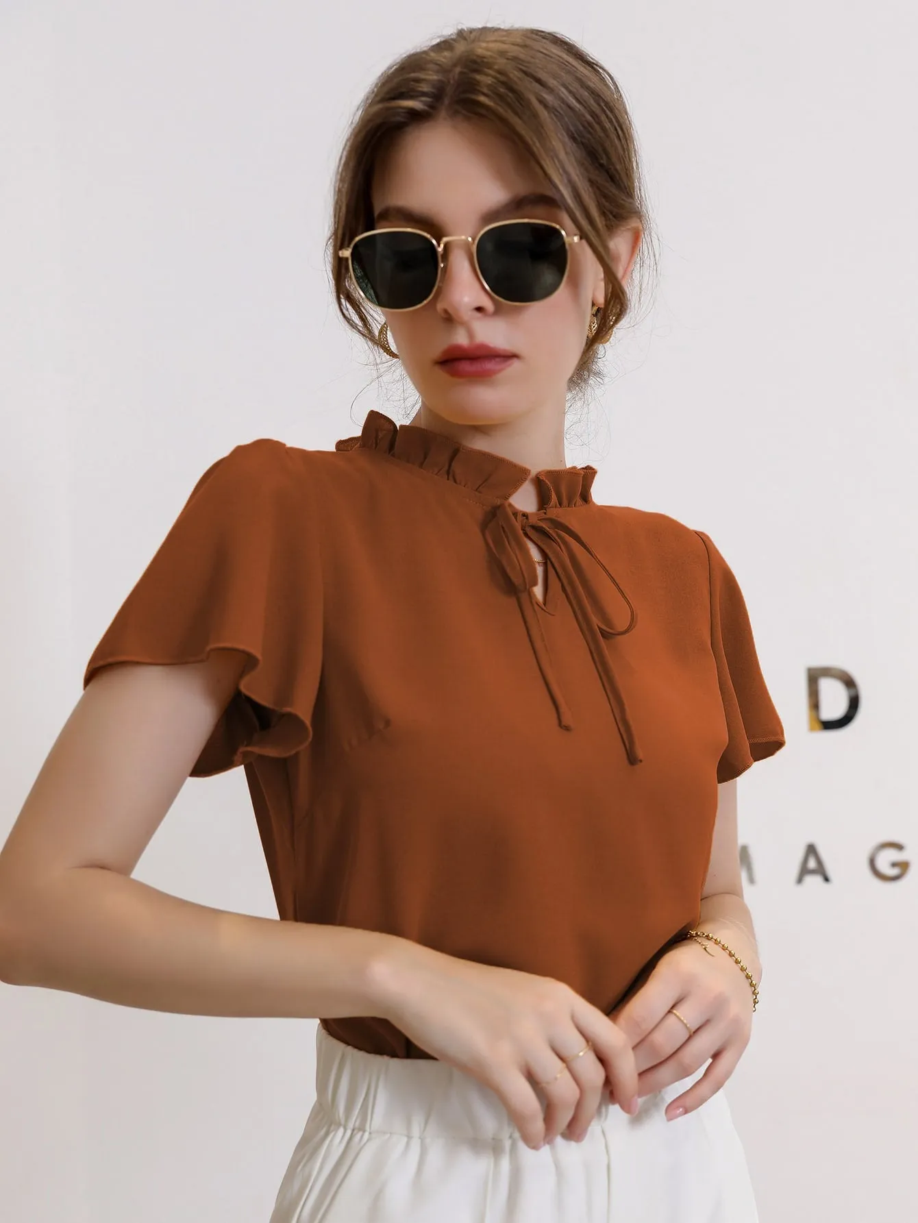 Tie Neck Puff Sleeve Blouse